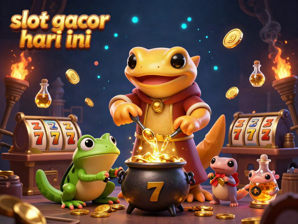 Experience slot gacor hari ini with a vibrant casino atmosphere, featuring a golden salamander alchemist and dynamic elements in a rich illustration.