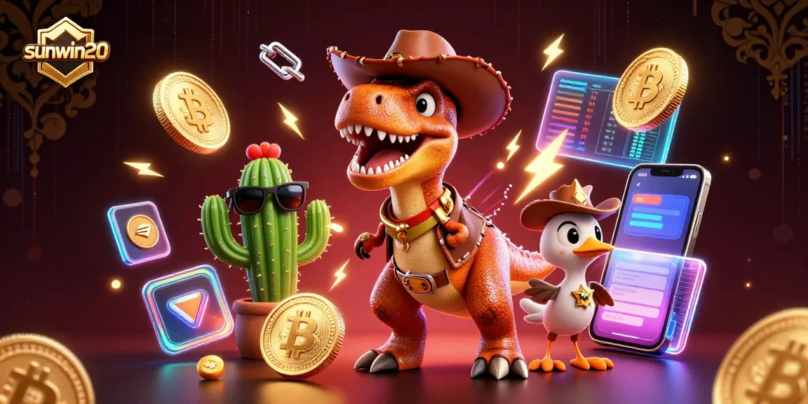 Engage with sunwin20 in a vibrant casino scene featuring a cowboy dinosaur and crypto elements.