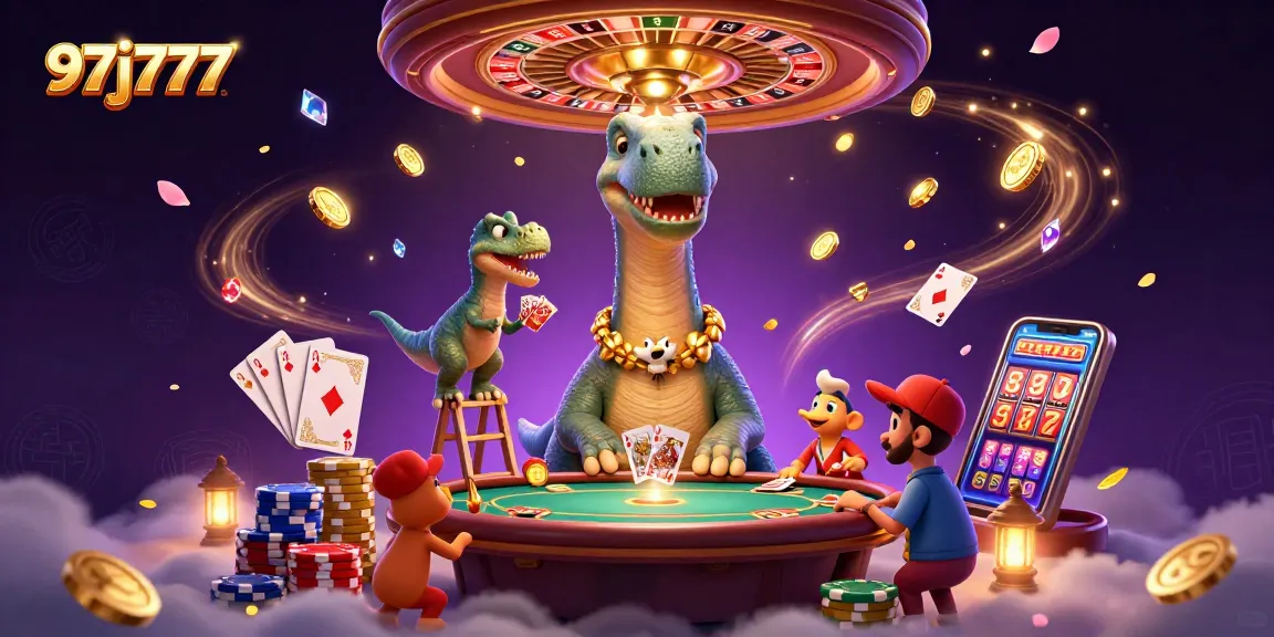 Join the fun at 97j777 with a whimsical casino scene featuring dinosaurs and dynamic gameplay!