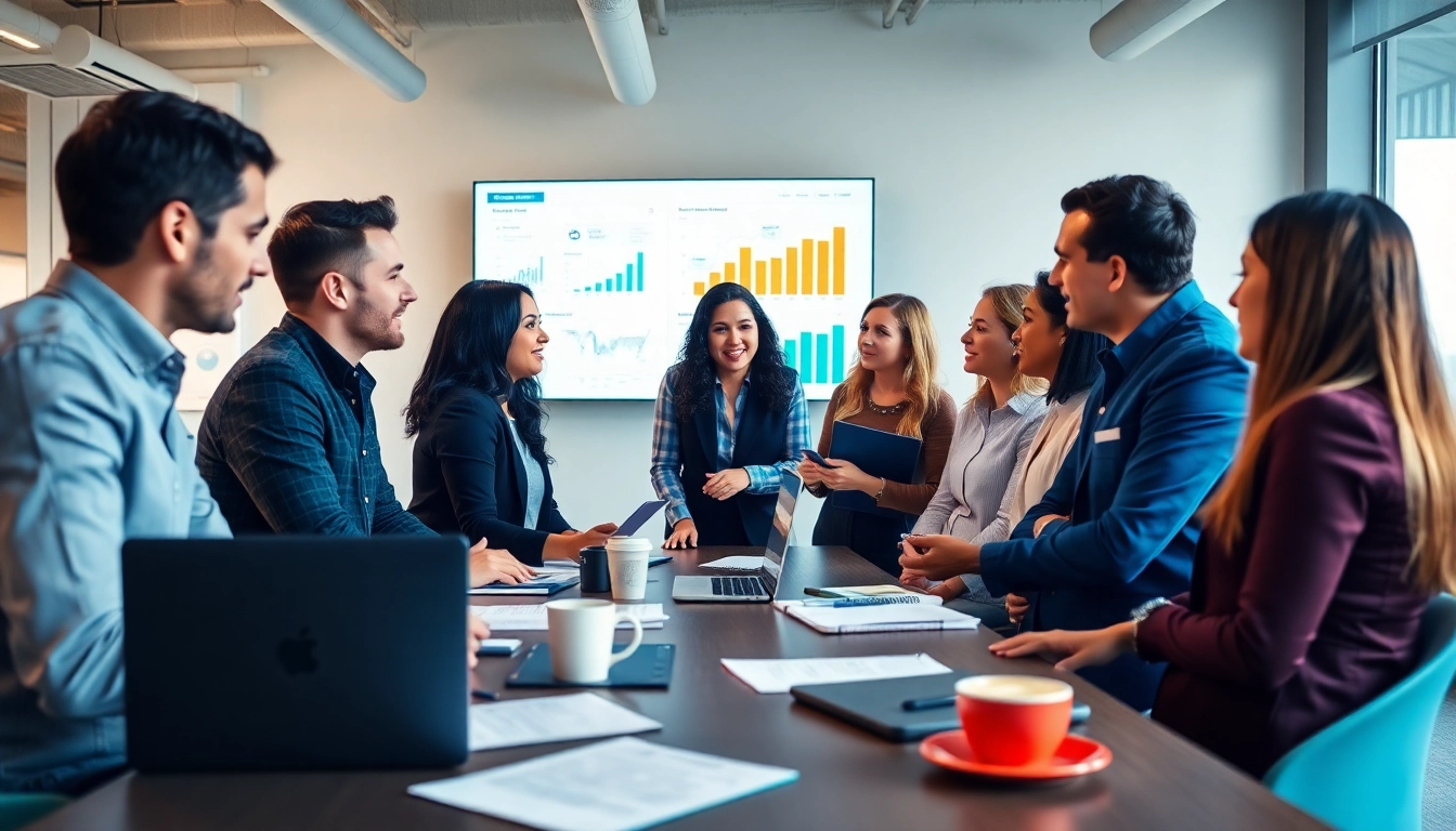 Boosting leads with a professional b2b lead generation service team discussing strategies in a modern workspace.