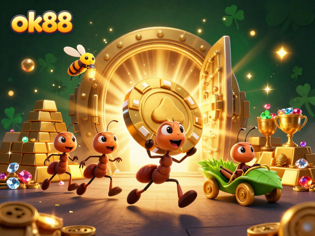 Experience the thrill of ok88 as cartoon ants carry a massive golden poker chip in this vibrant online casino illustration.