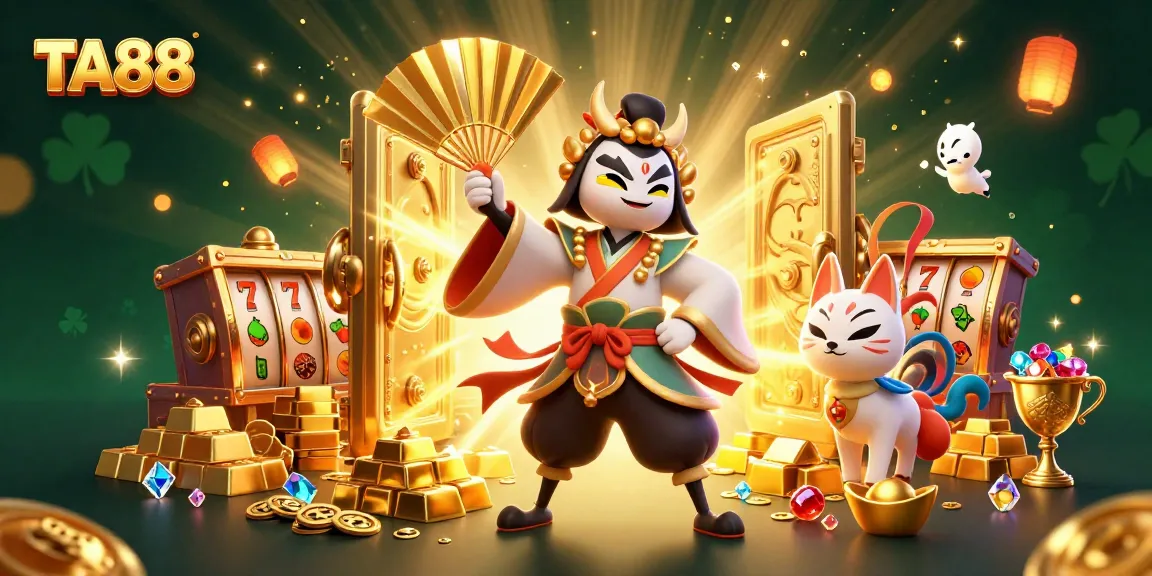 TA88 features an energetic scene with kabuki warrior and kitsune mask amidst slot game symbols and treasures.