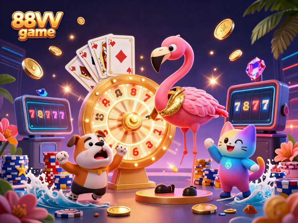 Engage in the exciting 88VV game with vibrant characters spinning a prize wheel, surrounded by dynamic casino elements.