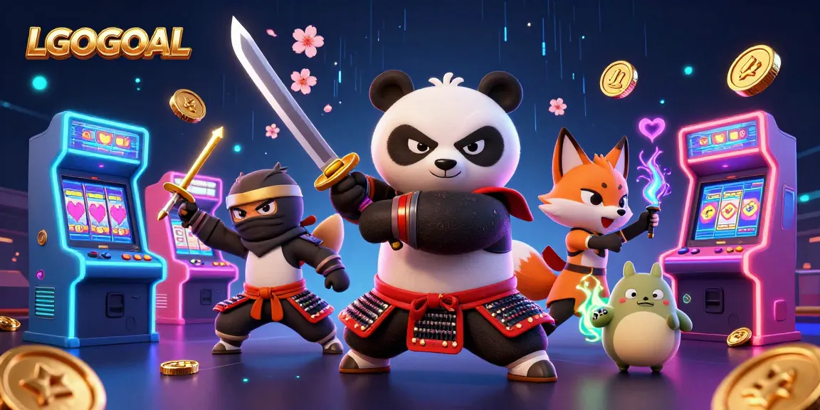 Bet on thrilling adventures with LGOGOAL featuring a samurai panda and vibrant casino elements.