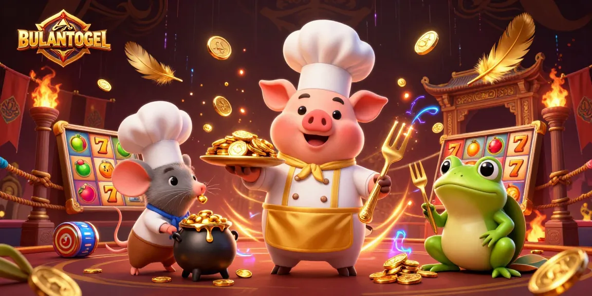 BULANTOGEL showcases a lively casino scene featuring a chef pig and a mouse, surrounded by slot elements and gold coins.
