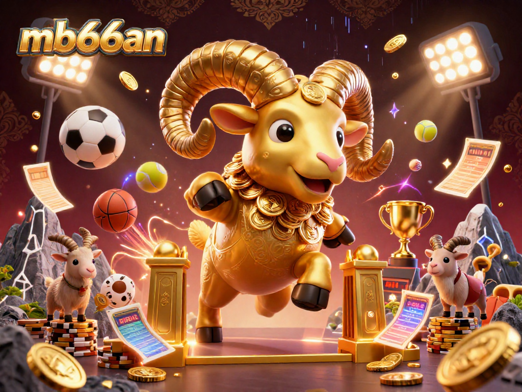 mb66an showcases a thrilling golden ram charging through a dynamic casino scene filled with sports elements.