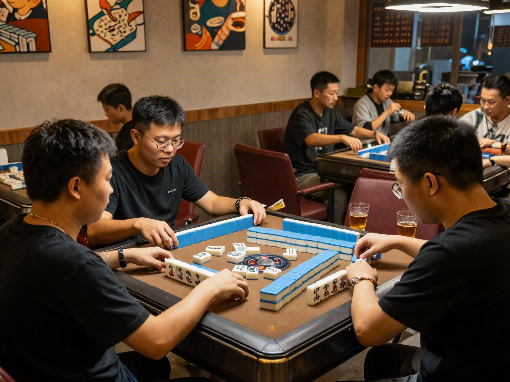 Exciting Mahjong game scene capturing players engaged in MAHJONGJP88, vibrant tiles and café atmosphere.