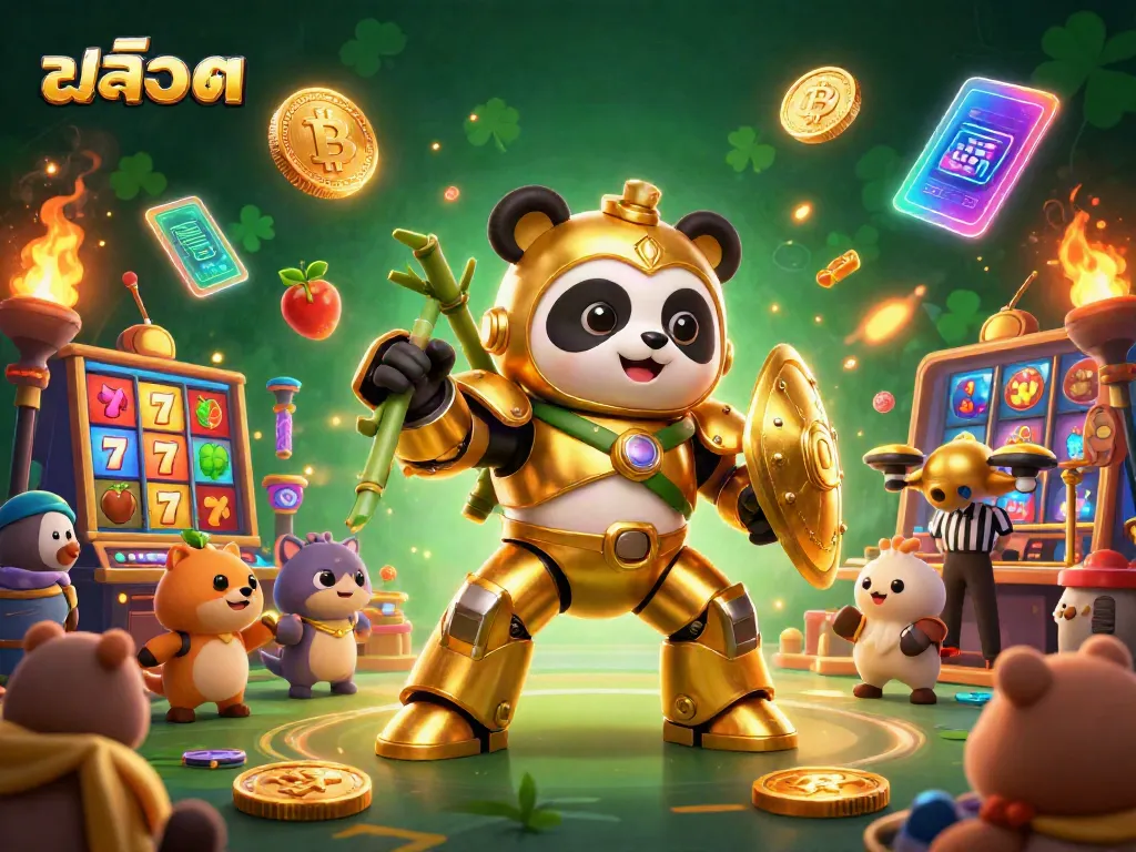 Experience thrilling slot action with the golden panda in a vibrant casino scene full of excitement.