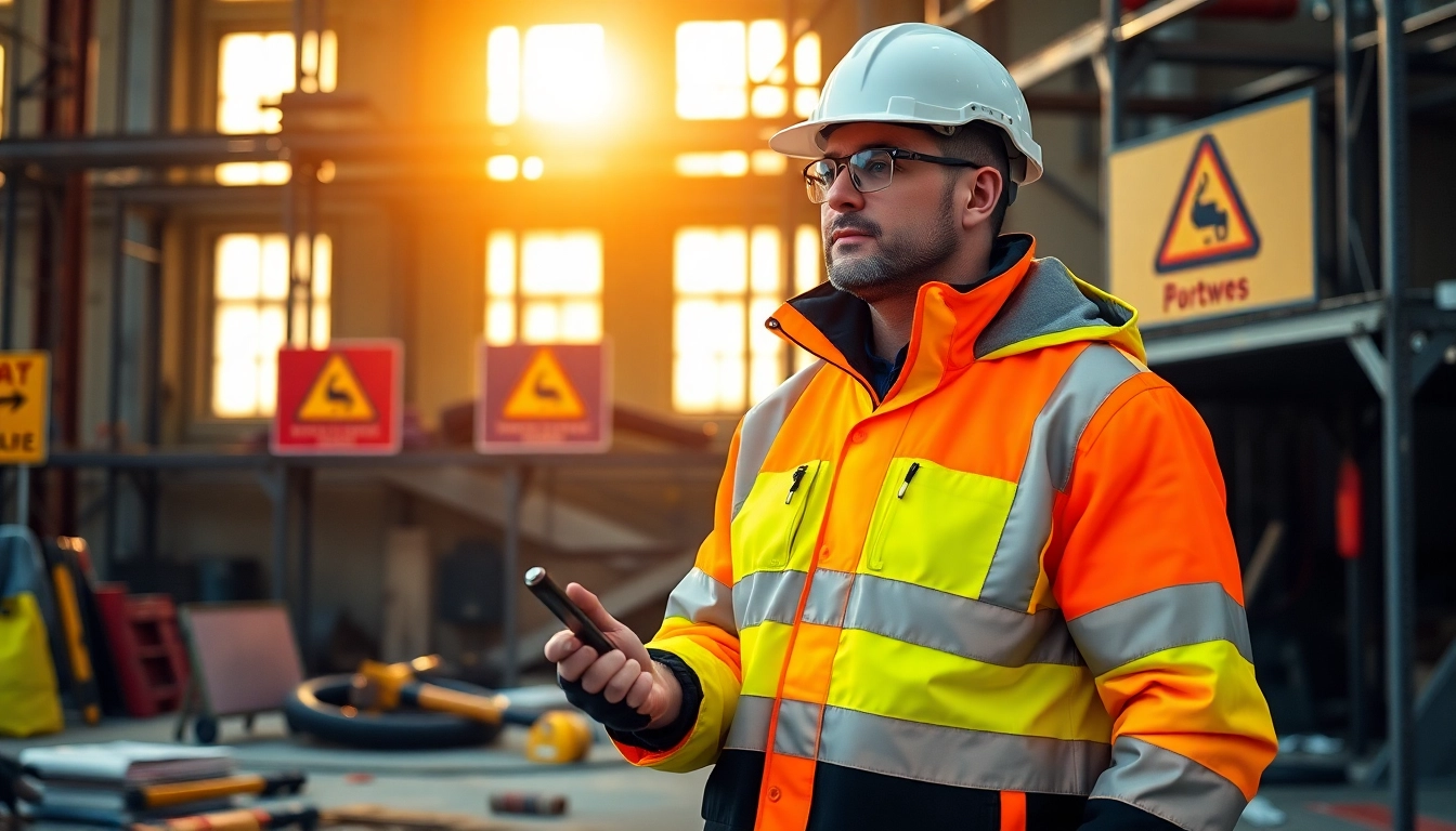 Un trabajador de Portwest España revisa la seguridad en una obra, luciendo una chaqueta de alta visibilidad.