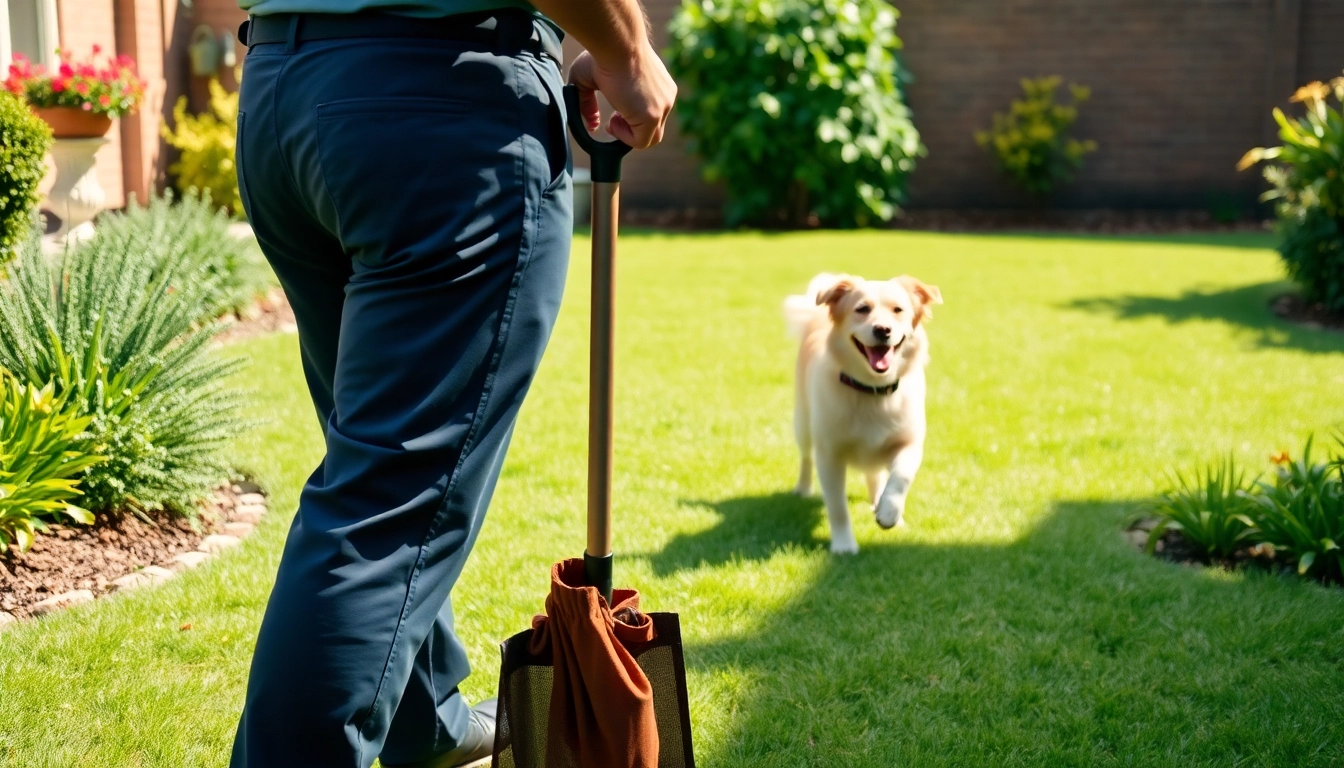 Efficient pet waste removal near me in a clean backyard with a happy dog and professional technician.