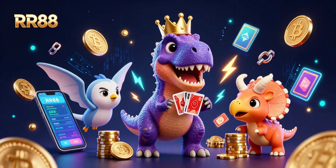 RR88 welcomes players with a vibrant gaming scene featuring dinosaurs, chips, and crypto elements.