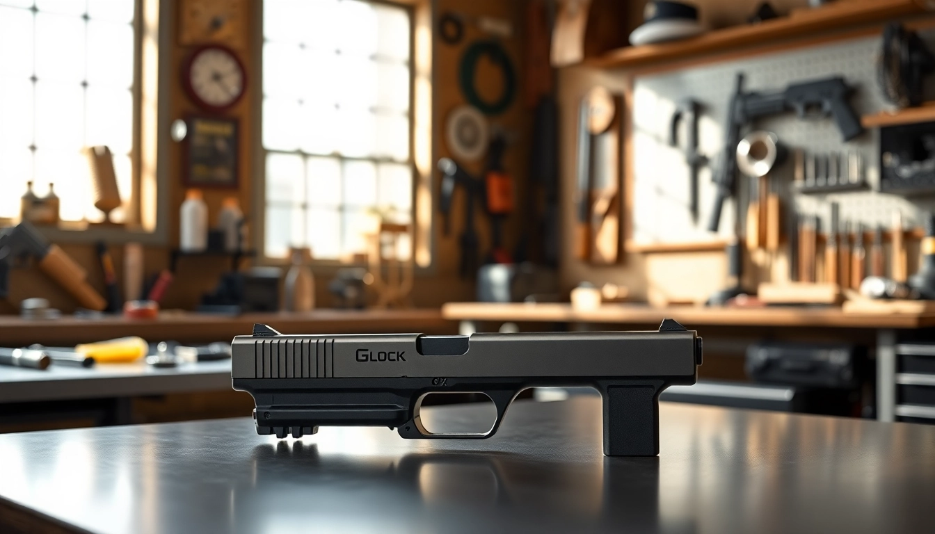 Showcasing the glock 43x mos oem slide on an elegantly styled display table.