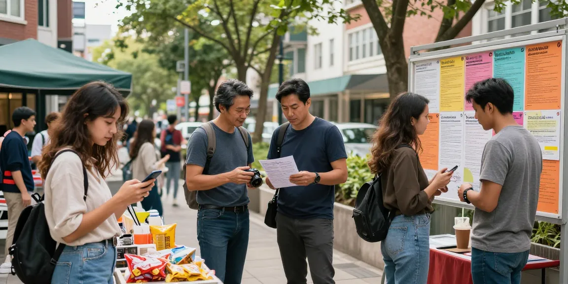 Engaging scene of community members using BedPersonal for local classifieds in an urban marketplace.