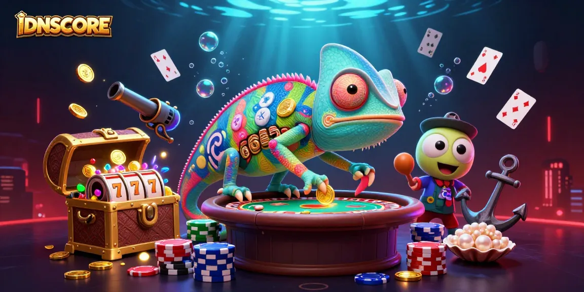 Experience the excitement of IDNSCORE as the chameleon casino owner interacts with vibrant slot games and rich elements.