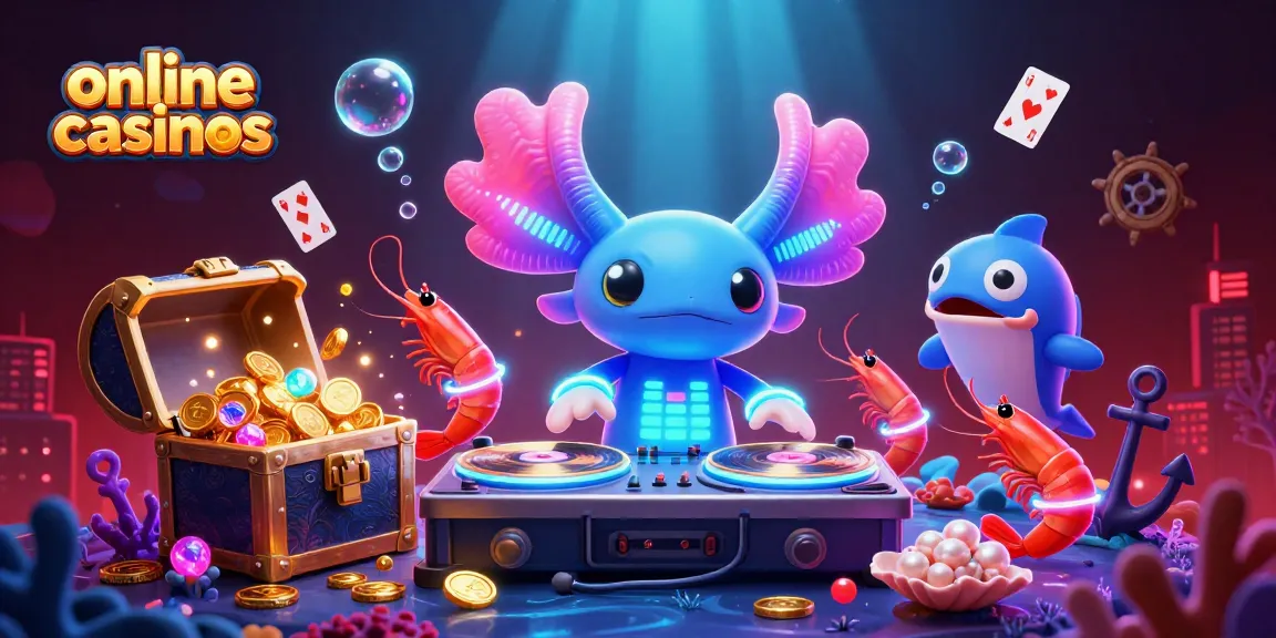 Engage in online casinos with vibrant axolotl DJ and dancing shrimp in a colorful underwater scene.