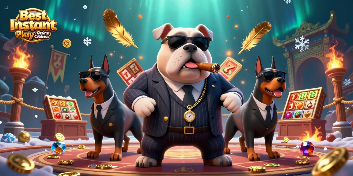 Experience top-tier action at Best Instant Play Online Casinos with a 3D casino scene featuring a mafia bulldog and Doberman bodyguards.
