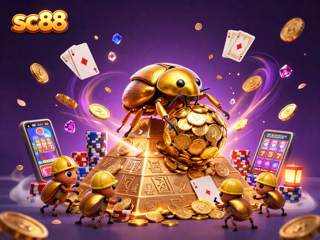 Experience sc88 thrills with a captivating 3D illustration of a golden dung beetle casino adventure.