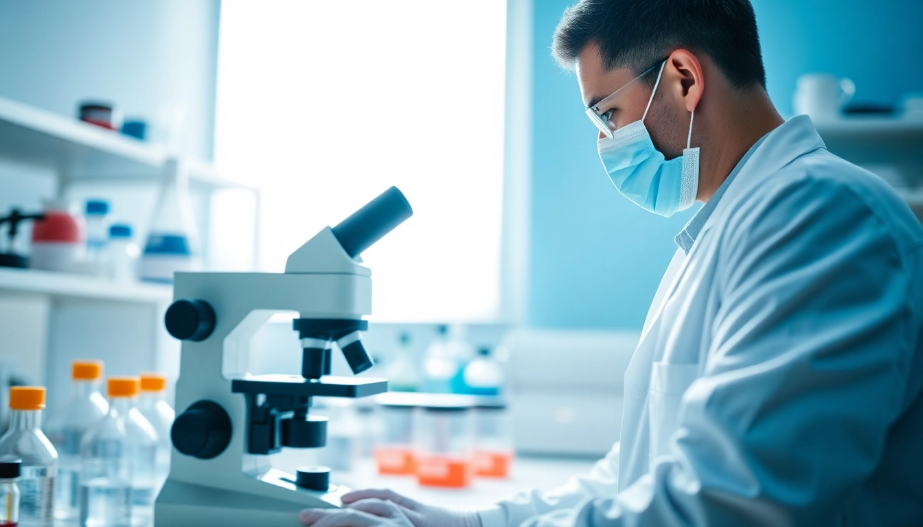 Analyze ac peptides in a laboratory setting with a scientist and various equipment.