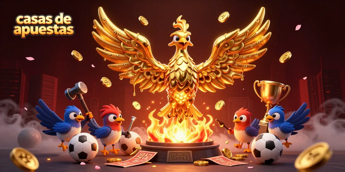 Casas de apuestas con una ilustración de un fénix dorado, símbolos de deportes y apuestas.