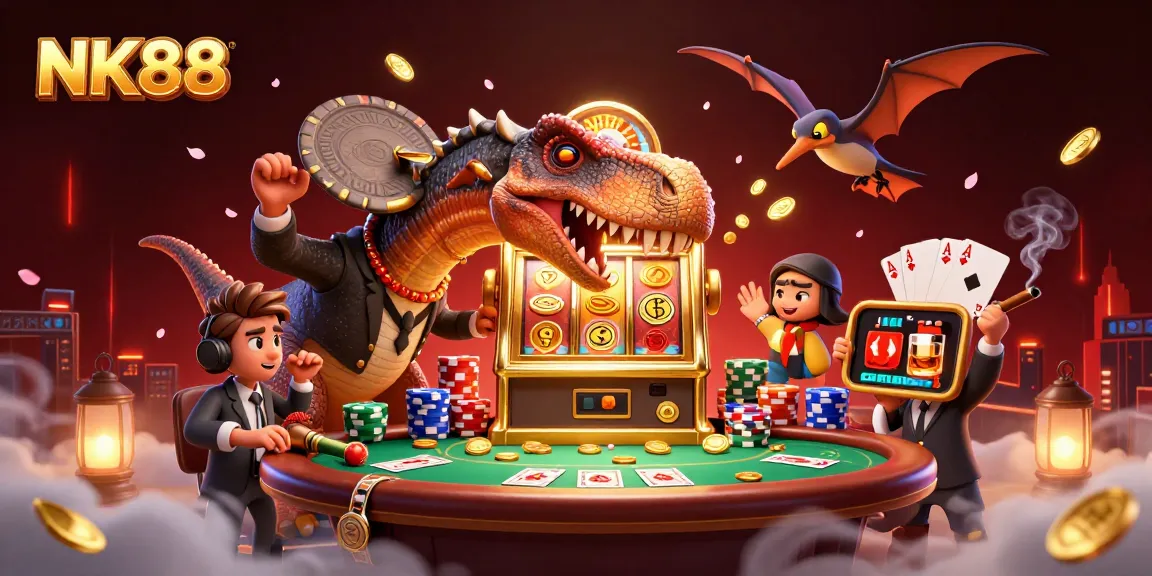 NK88 slot machine jackpot epic scene with dinosaur characters and vibrant casino elements.