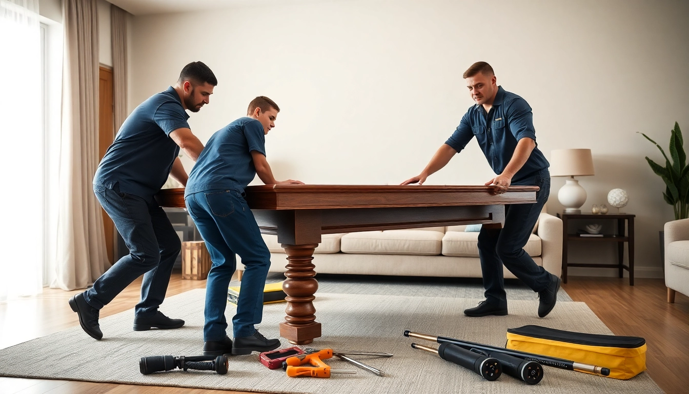 Pool table movers dallas transporting a slate pool table in a well-lit living room.