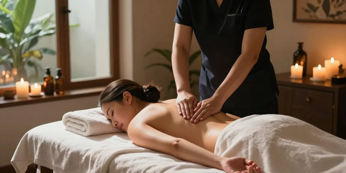 마사지 중인 고객과 마사지 치료사의 평화로운 스파 장면
