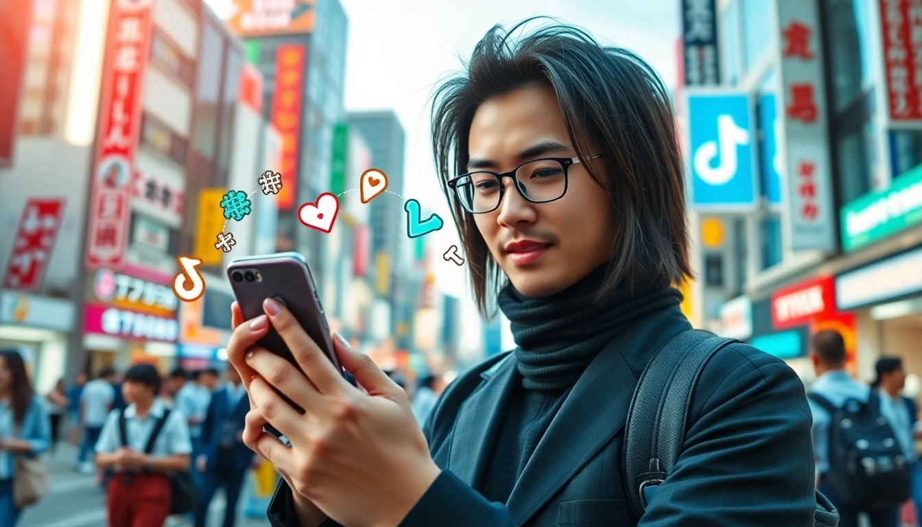 フォロワー日本人購入TikTokフォロワー購を増やす若者が東京の街にいるシーン。