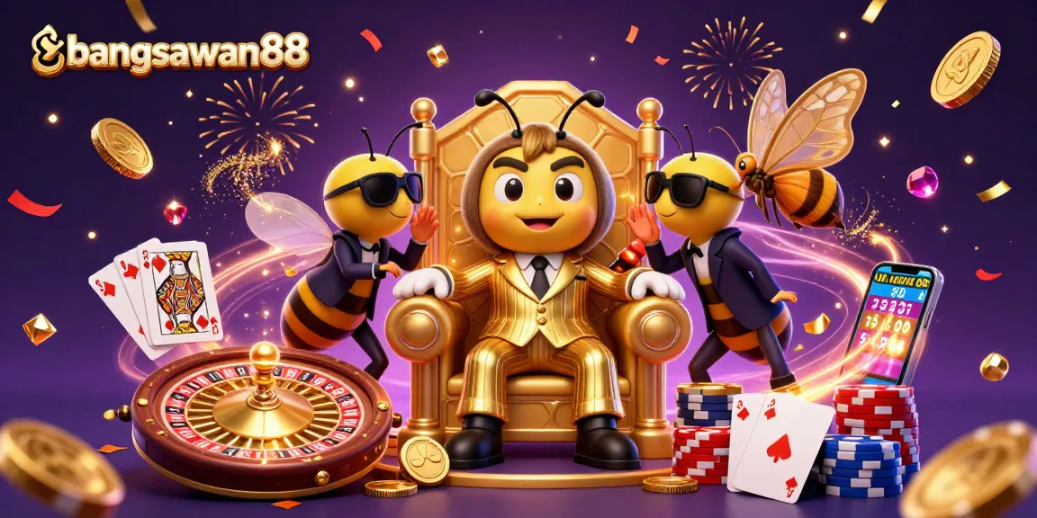 Bets soar with bangsawan88 as a cartoon bumblebee mob boss commands a vibrant sports betting scene.