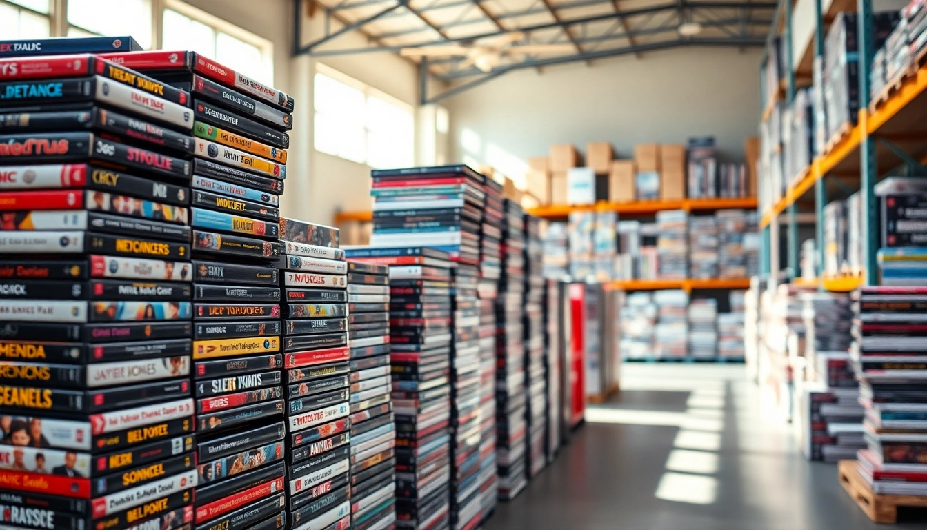 Browse diverse wholesale dvds, showcasing colorful covers in an organized warehouse.
