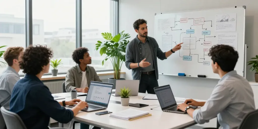 Michael Rustom consulting with a diverse team in a modern office