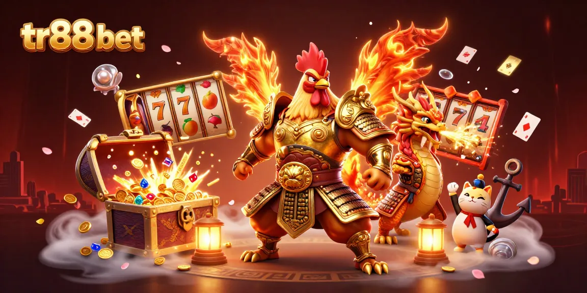 Engage with exciting games at tr88 bet featuring vibrant slots, a fierce dragon, and a courageous rooster warrior.