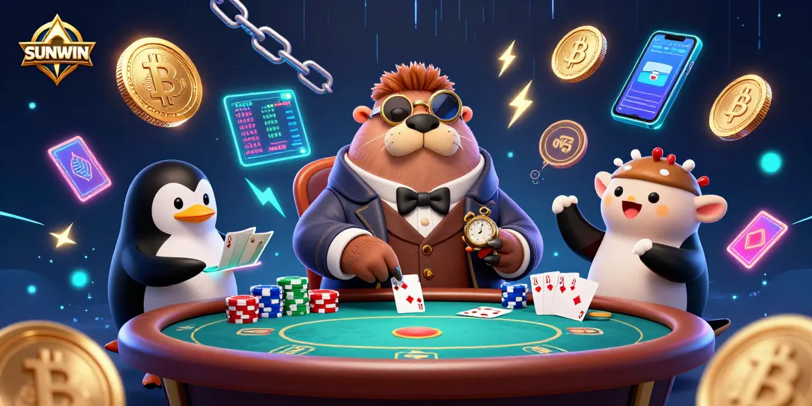 Engage with SUNWIN's underwater poker scene featuring a walrus, penguin, and pufferfish.