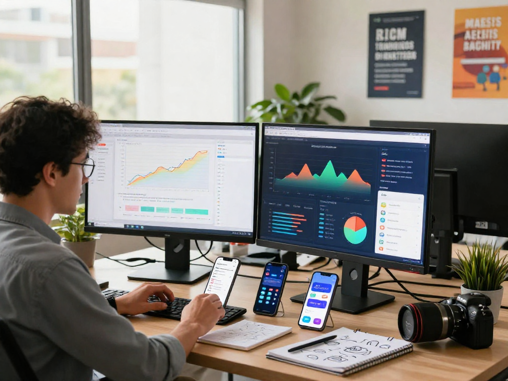 Professionals in a dynamic office analyzing metrics to buy android installs for mobile app growth.