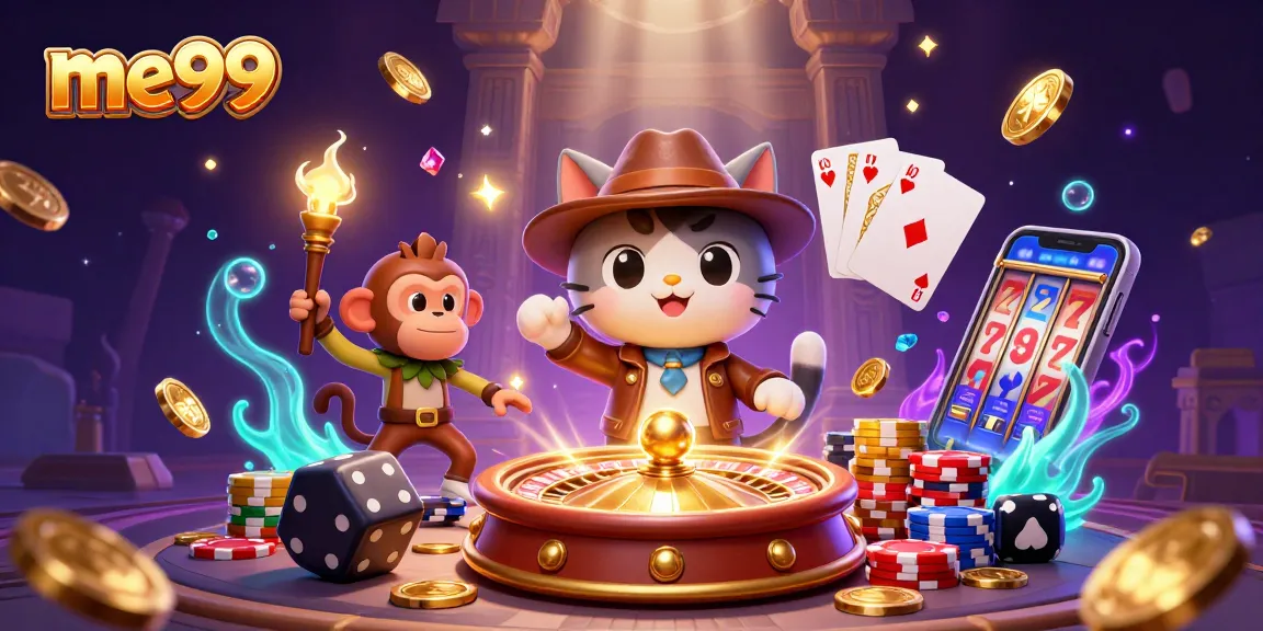Experience winning with me99 as a cartoon explorer and monkey unveil casino treasures.