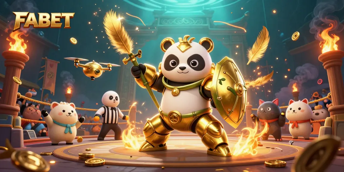 Engage with FABET's vibrant 3D illustration showcasing a golden panda in dynamic gambling action.