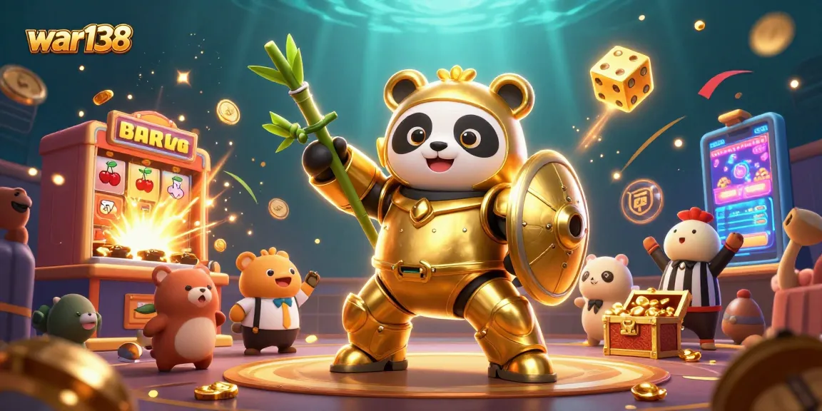 Experience exciting wins at war138 with a vibrant, dynamic illustration of a panda mech in the casino!