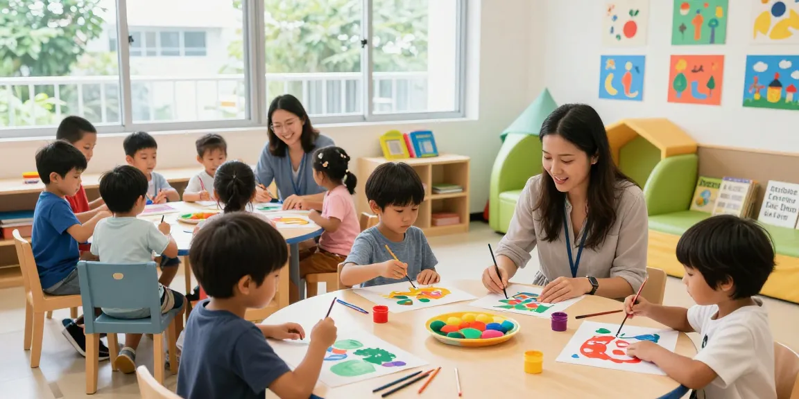 Children learning in a Japanese kindergarten Singapore, showcasing cultural diversity through collaborative art activities in a vibrant classroom setting.