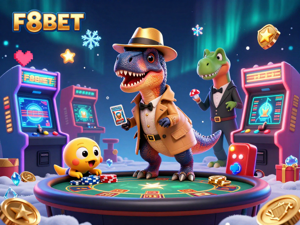 F8BET delights players with 3D cartoon velociraptor countering cards at a vibrant casino table.