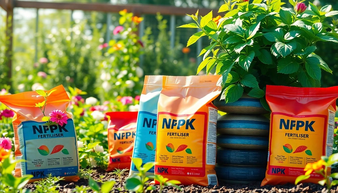 NPK Fertiliser bags among flourishing plants in a sunny garden.