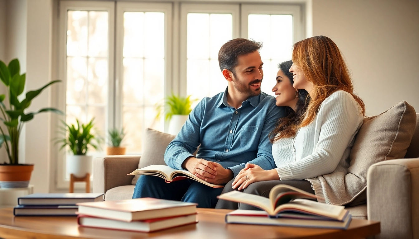 Couple exploring marital resources during a cozy home discussion.