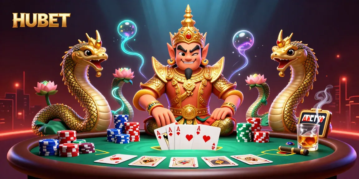 Experience HUBET's vibrant gaming scene with a friendly yaksha guardian, poker elements, and luminous effects.