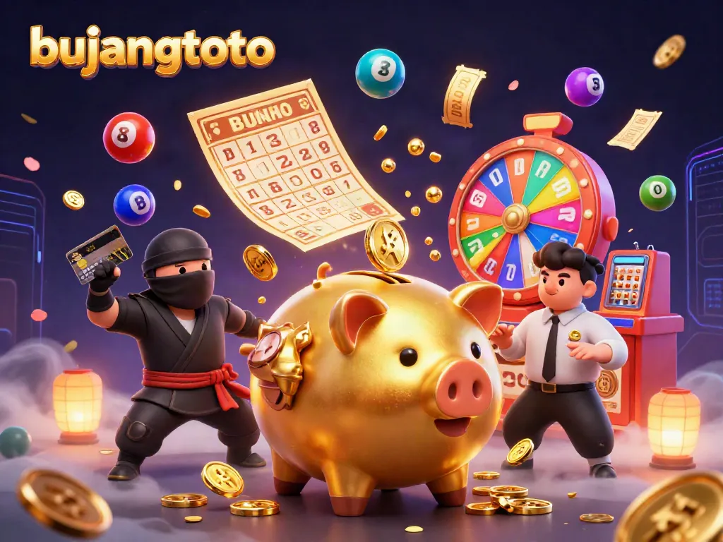 Experience the excitement of bujangtoto with vibrant lottery elements and characters in a dynamic casino scene.