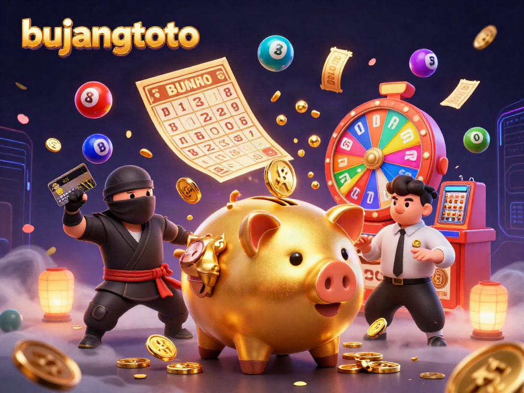 Experience the excitement of bujangtoto with vibrant lottery elements and characters in a dynamic casino scene.