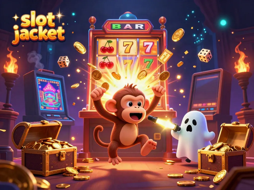 Experience the thrill of the slot jackpot with a mischievous monkey juggling golden coins and a curious puppy tracking it in a haunted casino.