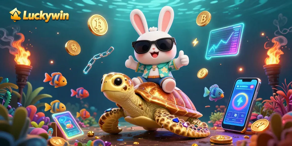 Experience the thrill of Luckywin with this vibrant casino scene featuring adventurous characters and cryptocurrency elements.