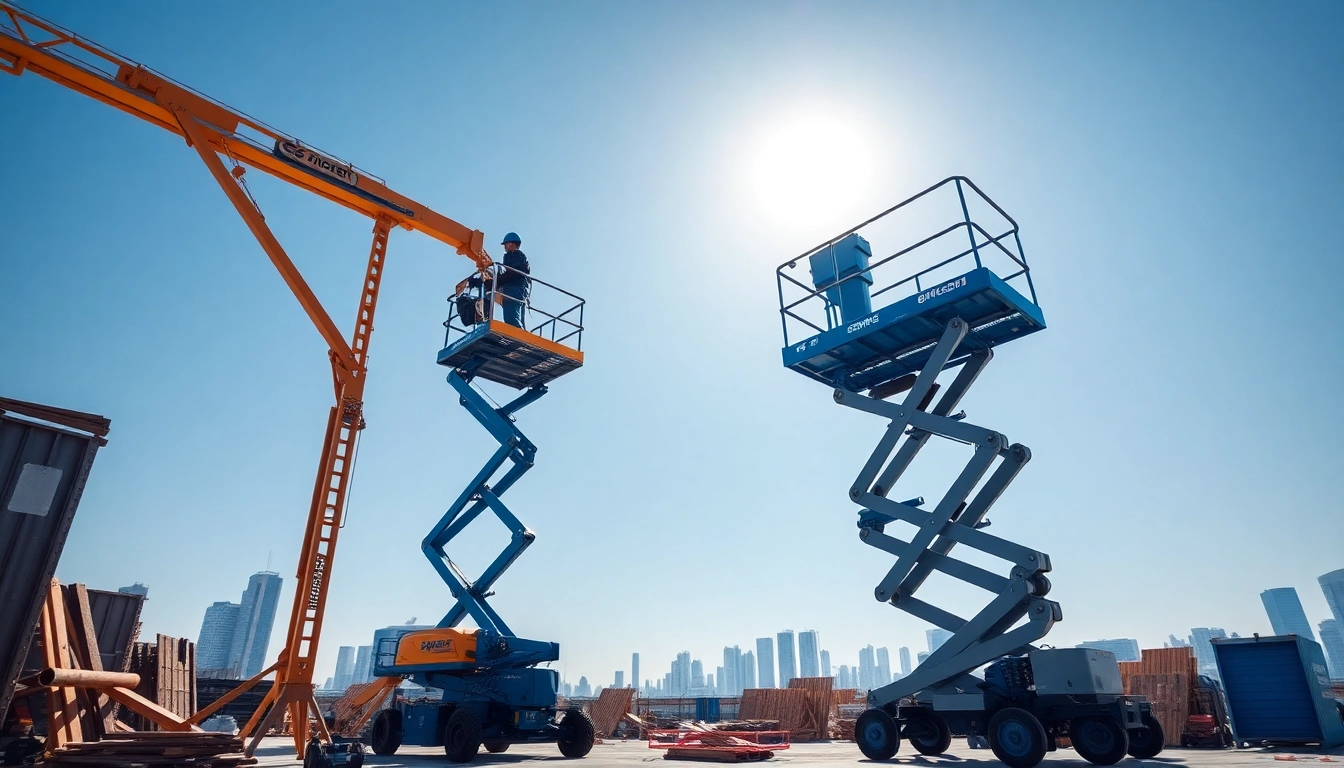Operative genie lift and genie boom showcasing versatility and height in a construction environment.
