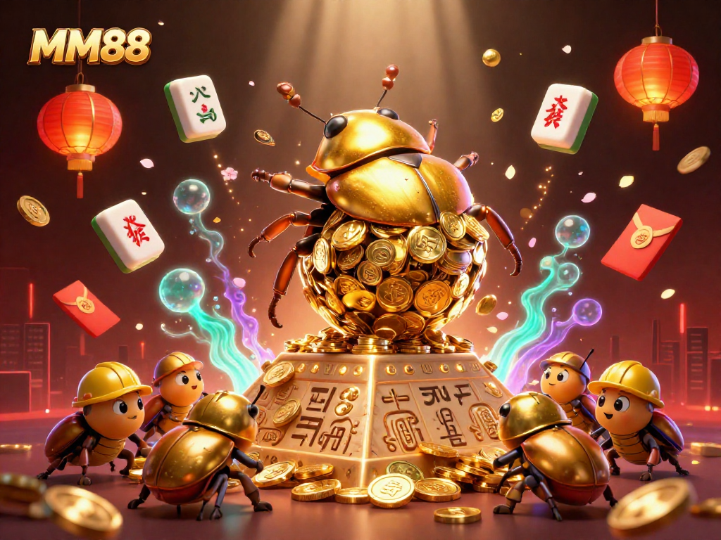 Experience MM88 with a golden beetle rolling coins, showcasing vibrant Asian casino elements.