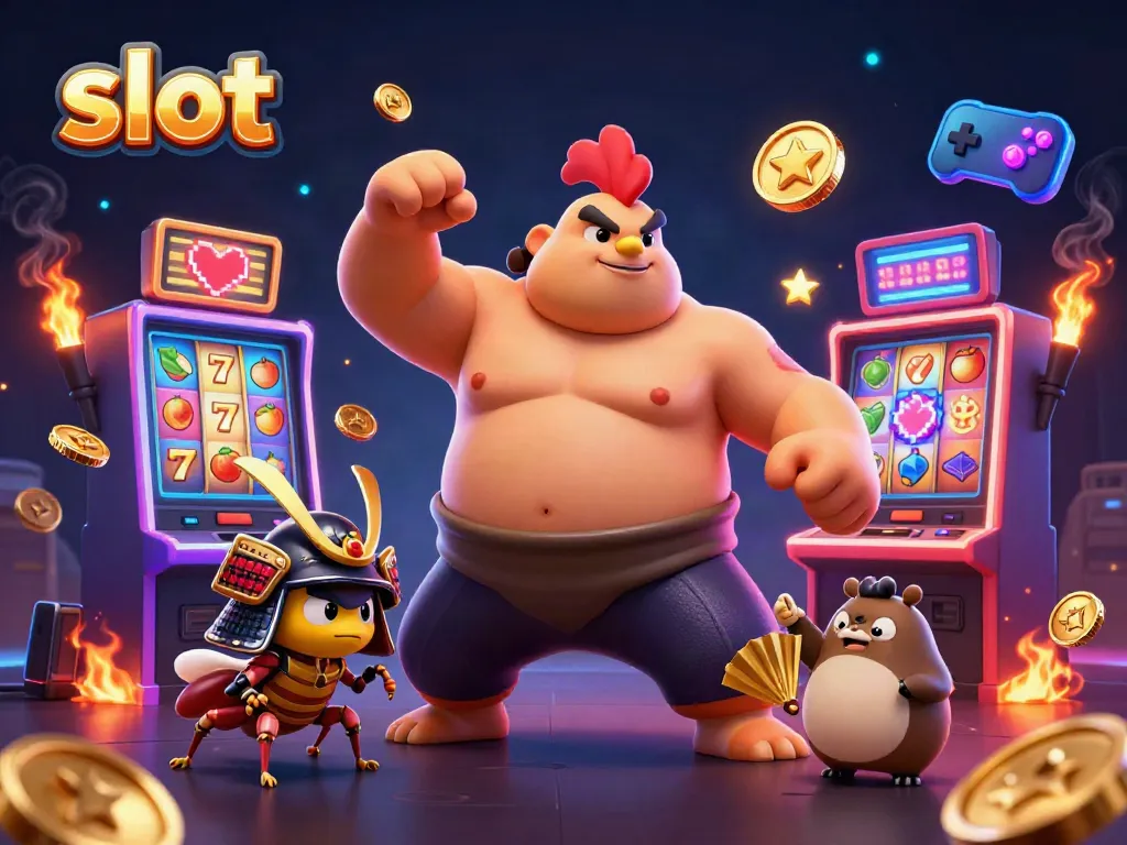 Sumo wrestler rooster and tanuki announcer celebrate wins at vibrant slot machines in a 3D casino scene.