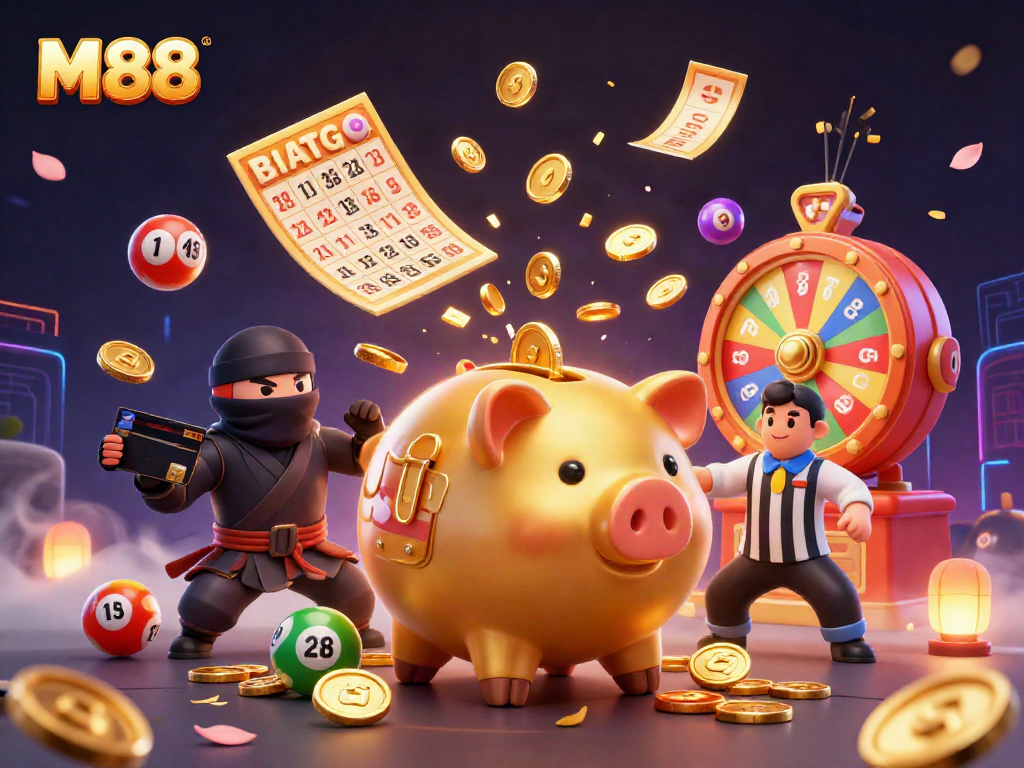 M88 showcases an exciting 3D casino scene with a golden piggy bank sumo wrestler amidst lottery elements.