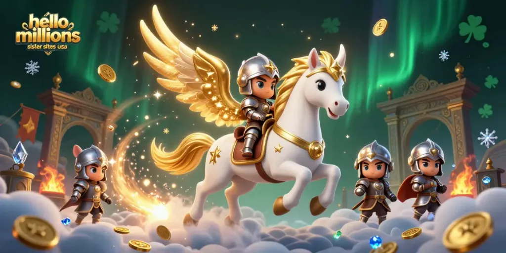 Explore hello millions sister sites usa with a whimsical knight and celestial horse amidst vibrant casino gaming elements.